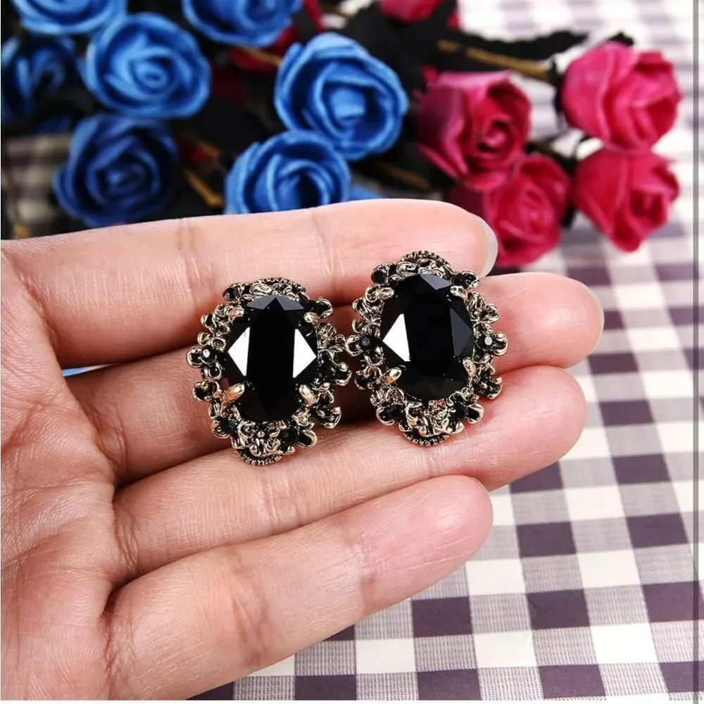Antique Yellow Gold with Black Onyx Austrian Crystal Cameo Post Stud Earrings